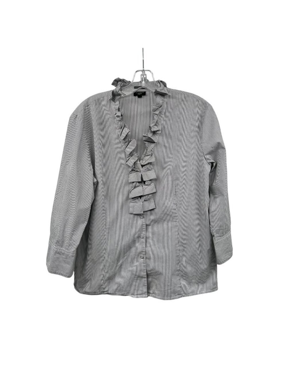 Talbots Womens Striped Button Up Top Ruffle Stretch Gray/White Size 16P